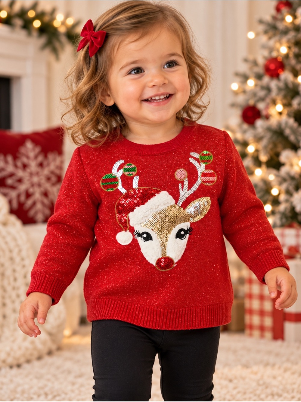 The Children’s Place 12-18M Red Christmas Reindeer Sequin Sweater